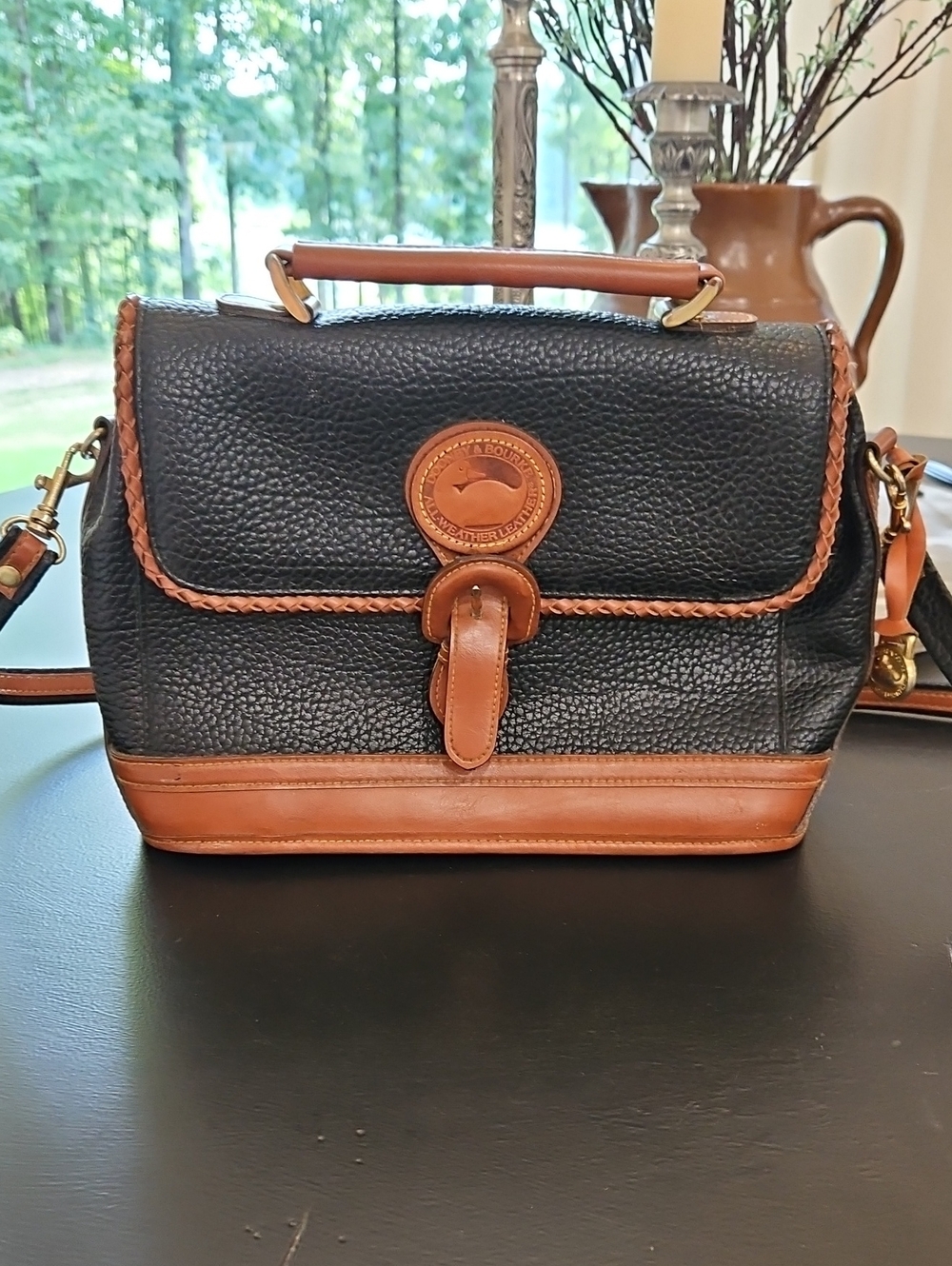 Dooney & Bourke Leather Satchel. All Weather Black with Tan Trim Satchel